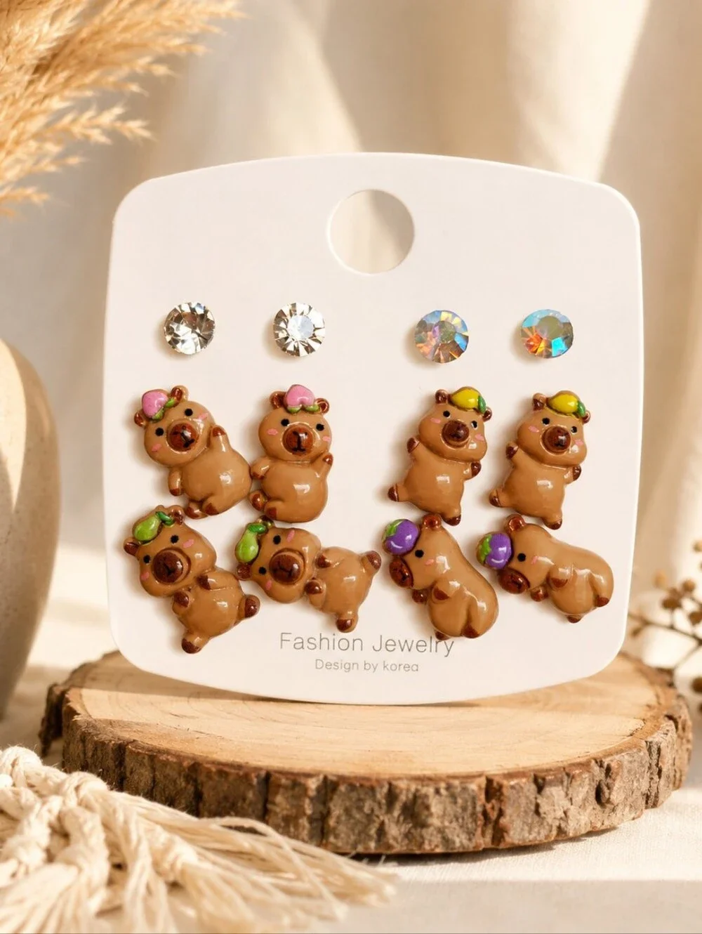 Cute Brown Capybara Stud Earrings Set - 6pk